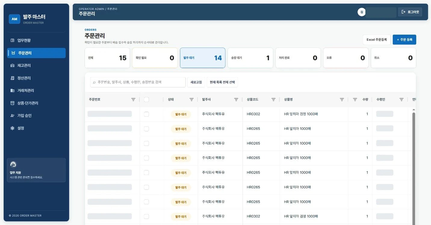 발주 마스터에서 발주 상태별 현황과 발주 목록을 관리하는 화면